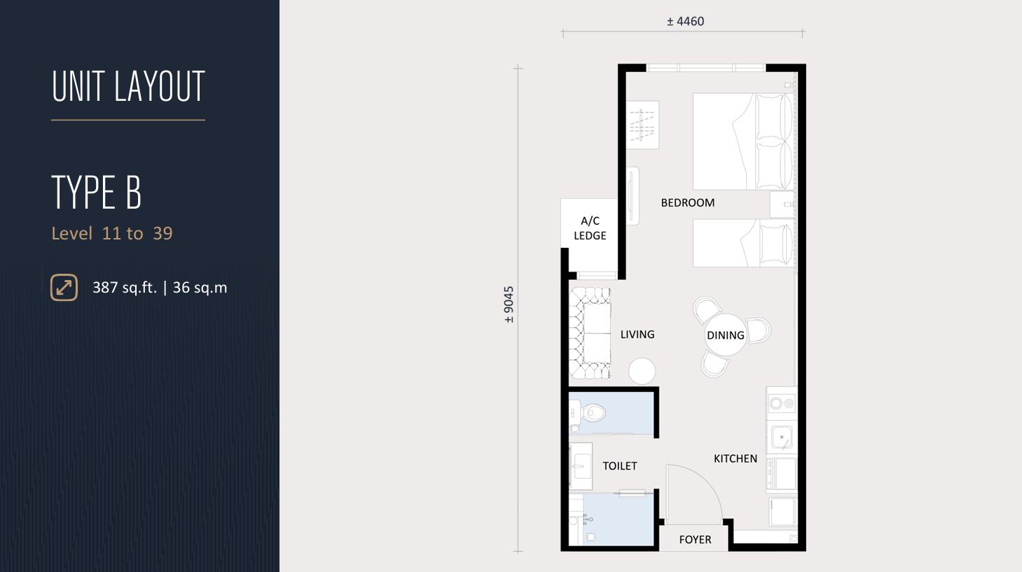 G’Vinton Type B — 387 sq ft, studio floor plan